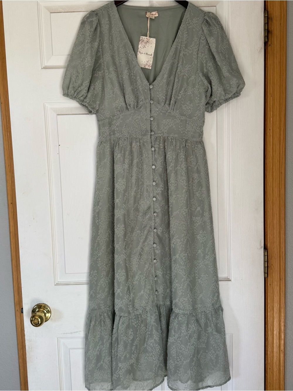 Hem & Thread Sage Green V-Neck Button Midi Dress